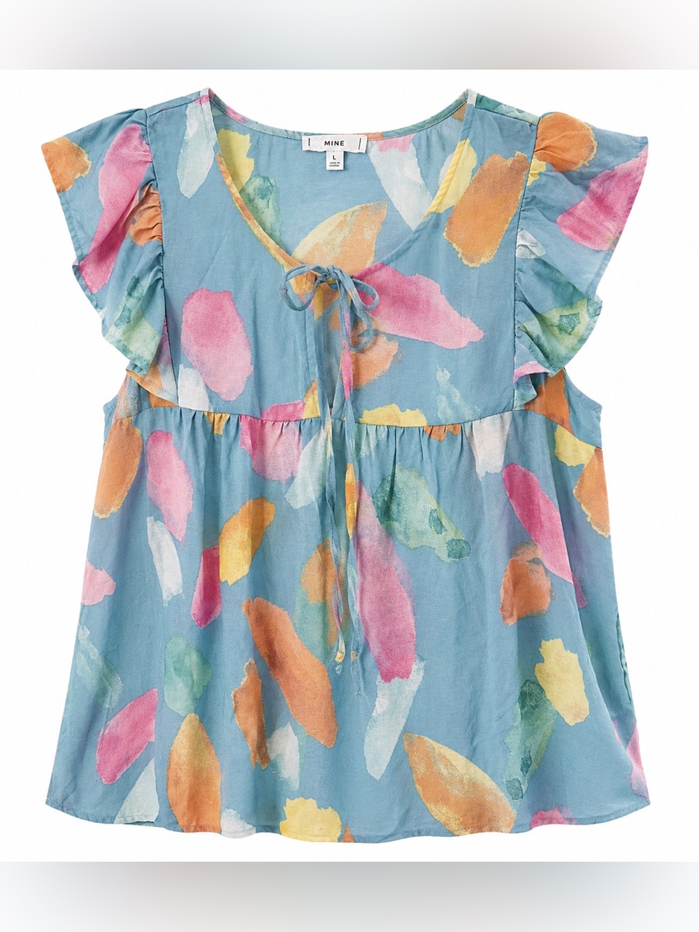 MINE Anthropologie Blue Watercolor Flutter-Sleeve Top- L